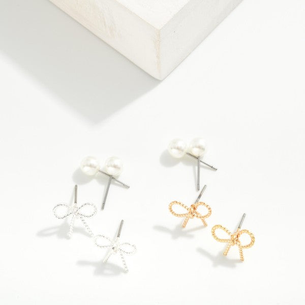 Dainty Bow & Pearl Stud set