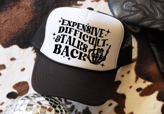 Expensive, difficult, talks back design hat