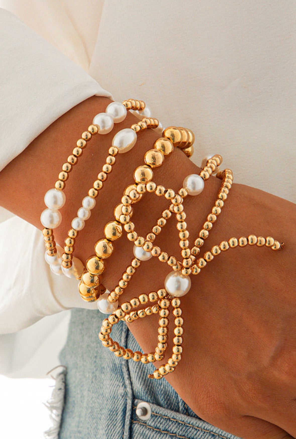 Gold Pearl Bow Bracelet Stack RTS