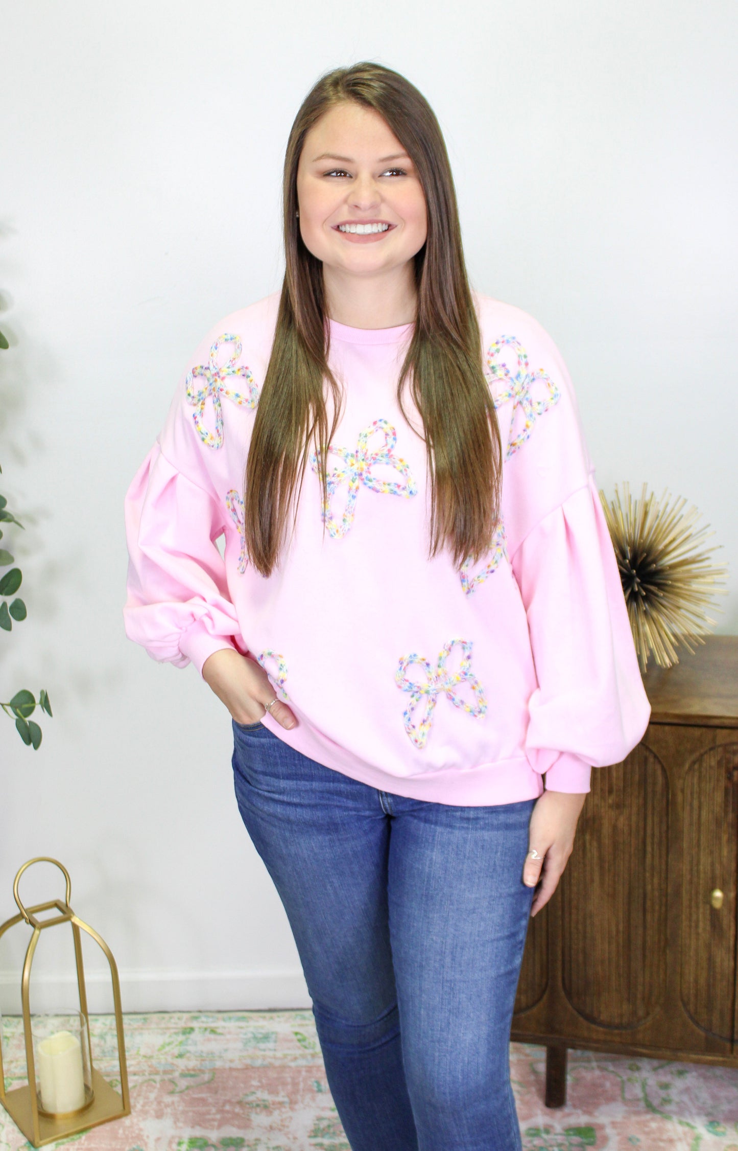 Pink Embroidered Bows Pullover LT